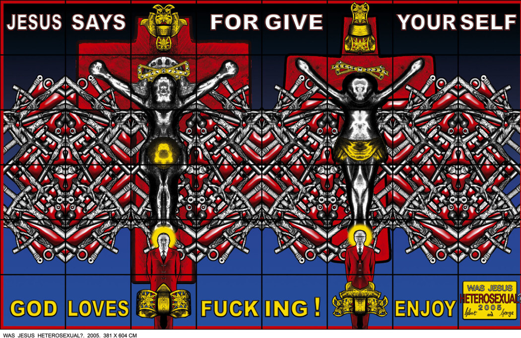 Gilbert & George står bak det mest homopolitiske
bidraget i Astrup Fearnley Museets faste
samling; «Was Jesus Heterosexual» fra 2005. Gilbert & George står bak det mest homopolitiske
bidraget i Astrup Fearnley Museets faste
samling; «Was Jesus Heterosexual» fra 2005.