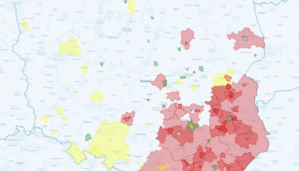 De røde områdene på kartet viser 
kommuner i Polen som har erklært seg som lhbt-frie soner.