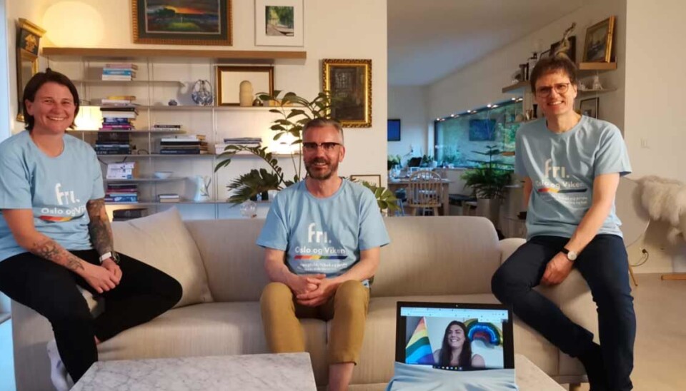 Drammen Pride-komiteen 2020, fra venstre: Marianne Holmquist. Øyvind Lundberg Nilsen, Zaira Lo Monaco (på skjerm) og Egil J. Bye.
