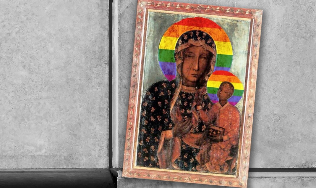 – Å utstyre jomfru Maria med regnbueglorie er ikke en kriminell handling sier FRI-leder Inge Alexander Gjestvang. – Å utstyre jomfru Maria med regnbueglorie er ikke en kriminell handling sier FRI-leder Inge Alexander Gjestvang.