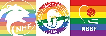 Flere forbund har pyntet sine logoer med regnbuefarger etter initiativ fra Raballder Håndball. Her: Norges Håndballforbund, Norges Ishockeyforbund og Norges Basketballforbund. Flere forbund har pyntet sine logoer med regnbuefarger etter initiativ fra Raballder Håndball. Her: Norges Håndballforbund, Norges Ishockeyforbund og Norges Basketballforbund.
