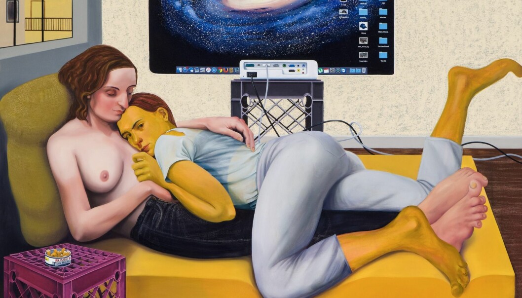 Kunstneren Nicole Eisenman maler ofte seg selv sammen med kjæresten: forfatteren og kritikeren Sarah Nicole Prickett, som her i bildet «Morning Studio». På museets hjemmeside kan du høre lydfiler om dette bildet og andre verk i utstillingen «Giant Without a Body».