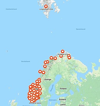 Pridekartet omfatter foreløpig 63 Prider, fra Longyearbyen i nord og Lindesnes i sør, til Haugaland i vest og Barents i øst.