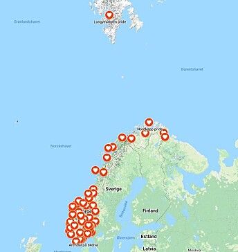 Pridekartet omfatter foreløpig 63 Prider, fra Longyearbyen i nord og Lindesnes i sør, til Haugaland i vest og Barents i øst. Pridekartet omfatter foreløpig 63 Prider, fra Longyearbyen i nord og Lindesnes i sør, til Haugaland i vest og Barents i øst.