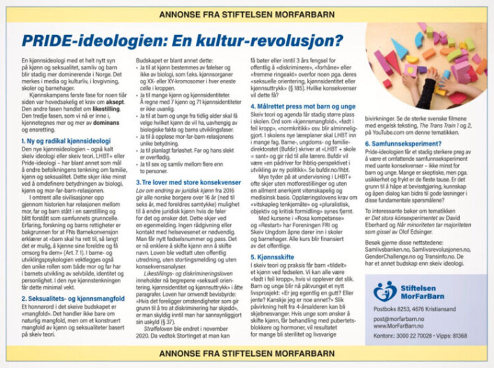 Slik så annonsen fra Stiftelsen MorFarBarn ut. Den har stått på trykk i Bergens Tidene, Aftenposten, VG, Adresseavisen og Fædrelandsvennen. Slik så annonsen fra Stiftelsen MorFarBarn ut. Den har stått på trykk i Bergens Tidene, Aftenposten, VG, Adresseavisen og Fædrelandsvennen.