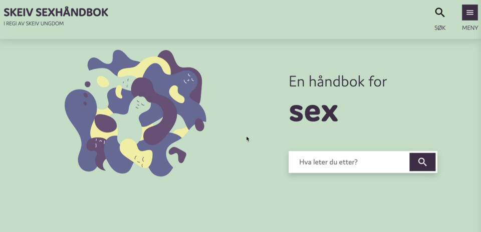 Slik ser det ut når du klikker deg inn på Skeiv Ungdoms digitale sexhåndbok. Her kan du både søke etter informasjon og bruke nedtrekksmenyen for å finne informasjon om spesifikke tema.