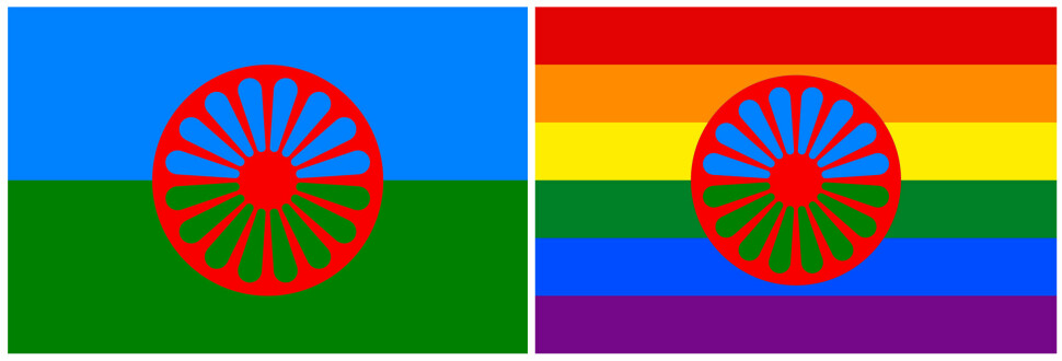 Det romske flagget (t.v) ble laget i 1933 og ble valgt til folkets offisielle flagg under World Romani Congress i 1971. I senere tid har det dukket opp i flere regnbueversjoner, som flagget avbildet til høyre.