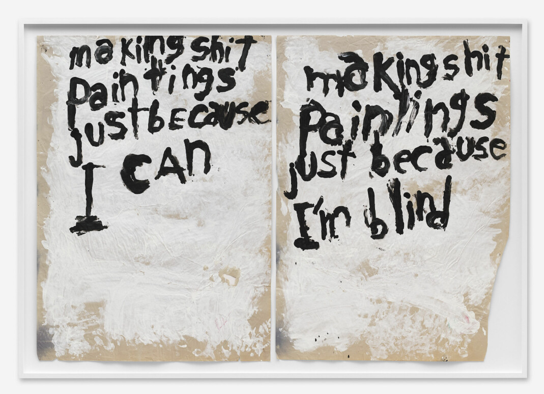 «I 2014 ble jeg blind som følge av en hiv-relatert infeksjon. Før jeg ble blind, var jeg en av de beste malerne jeg visste om. Nå er jeg ikke så sikker», skriver kunstner Manuel Solano om sitt eget verk «Shit Paintings Diptych From The Series Blind Transgender With AIDS» (2014).