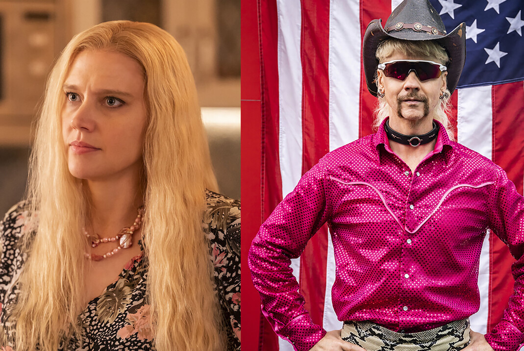Kate McKinnon som Carol Baskin og John Cameron Mitchell som Joe Exotic. Kate McKinnon som Carol Baskin og John Cameron Mitchell som Joe Exotic.