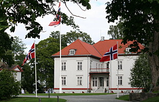 Heiser regnbueflagget foran Eidsvollsbygningen