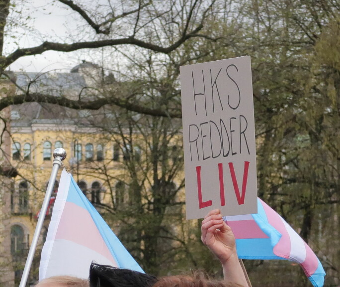 Torsdag 28. april samlet demonstrerte flere titalls mennesker mot at Helsestasjonen for kjønn og seksualitet (HKS) måtte stanse hormonbehandling til nye pasienter under protesten «Transskriket». Her hadde flere laget plakater til støtte for HKS.