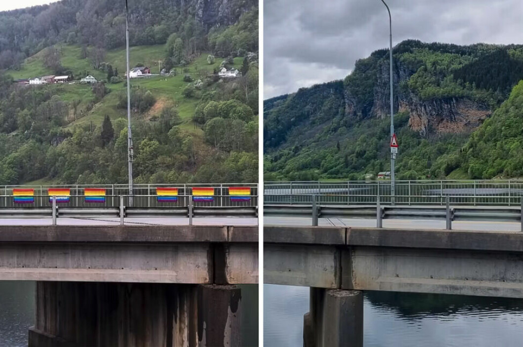 Lørdag 21. mai så veien mellom Øystese og Norheimsund slik ut. Søndag 22. mai var de fleste regnbueflaggene stjålet.