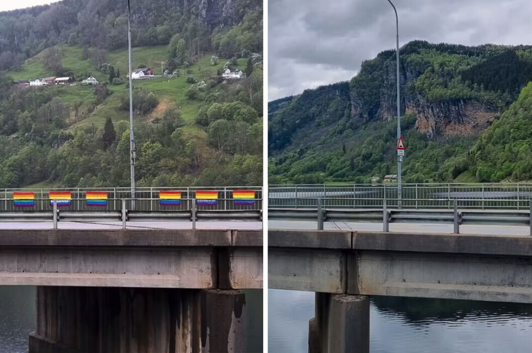 Lørdag 21. mai så veien mellom Øystese og Norheimsund slik ut. Søndag 22. mai var de fleste regnbueflaggene stjålet. Lørdag 21. mai så veien mellom Øystese og Norheimsund slik ut. Søndag 22. mai var de fleste regnbueflaggene stjålet.
