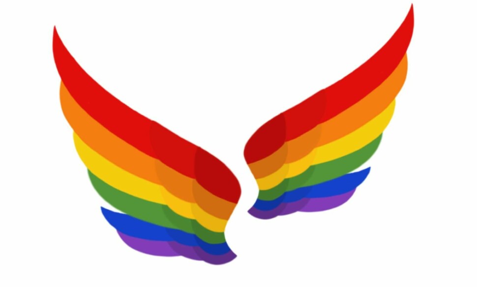 Logoen til Dansk Regnbueråd er to vinger i regnbueflaggets farger.