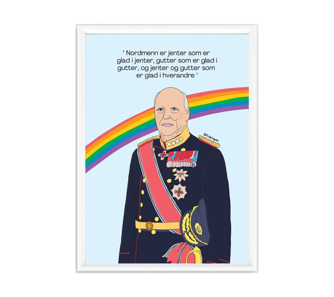 Tegningen er skapt av Frida Maria Grande, og sitatet er fra en tale Kong Harald holdt i 2016. Grande, aka @fridategner, laget bildet for å støtte Oslo Pride etter masseskytingen mot det skeive utestedet London pub i Oslo natt til 25. juni. Inntektene fra salget går uavkortet til formålet. Tegningen er skapt av Frida Maria Grande, og sitatet er fra en tale Kong Harald holdt i 2016. Grande, aka @fridategner, laget bildet for å støtte Oslo Pride etter masseskytingen mot det skeive utestedet London pub i Oslo natt til 25. juni. Inntektene fra salget går uavkortet til formålet.