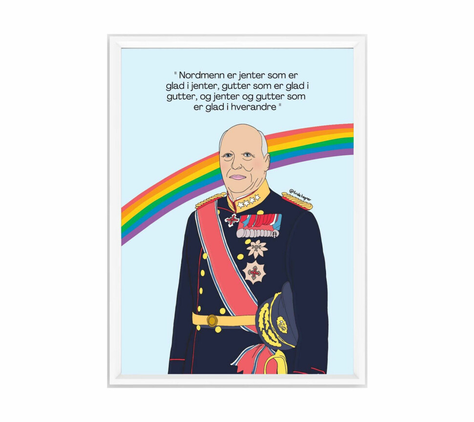 Tegningen er skapt av Frida Maria Grande, og sitatet er fra en tale Kong Harald holdt i 2016. Grande, aka @fridategner, laget bildet for å støtte Oslo Pride etter masseskytingen mot det skeive utestedet London pub i Oslo natt til 25. juni. Inntektene fra salget går uavkortet til formålet.