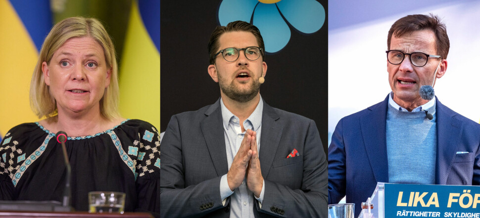 Den skeive organisasjonen RFSL har undersøkt de svenske partiene og riksdagskandidatenes meninger i lhbt+spørsmål. Verken Socialdemokraternas Magdalena Anderson (t.v.), Sverigedemokraternas Jimmie Åkesson eller Moderaternas Ulf Kristersson kan juble over resultatene.