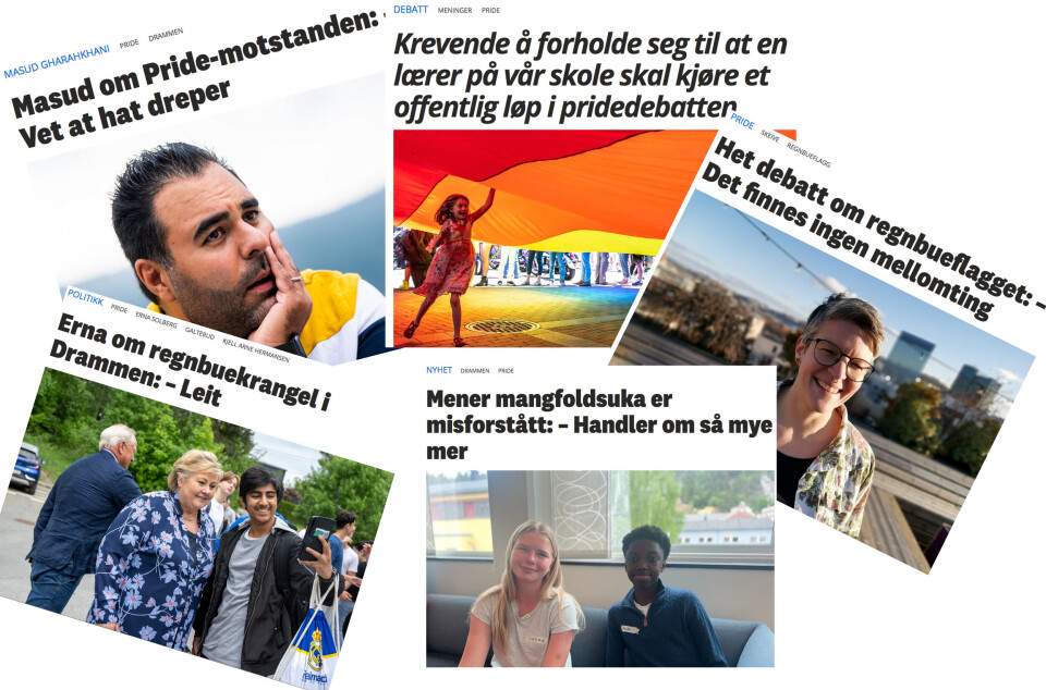 Faksimile fra Drammens Tidenes redaksjonelle dekning av Mangfoldsuka og Pride i Drammen.