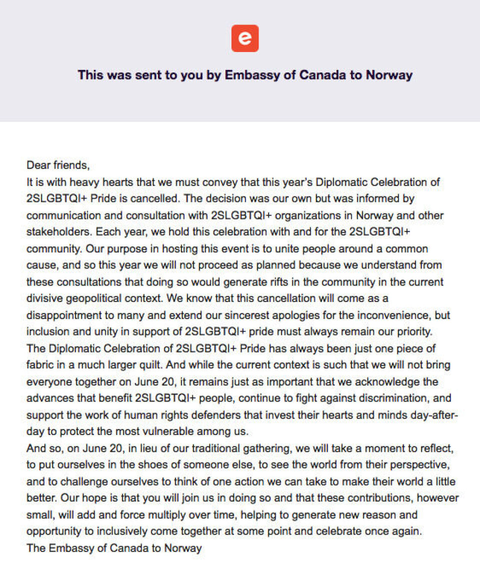 Canadas ambassade avlyser pride-hagefest etter protester