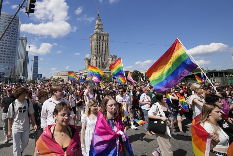 Regnbueflagg i likestillingsparaden i Polens hovedstad Foto: Czarek Sokolowski / AP / NTB