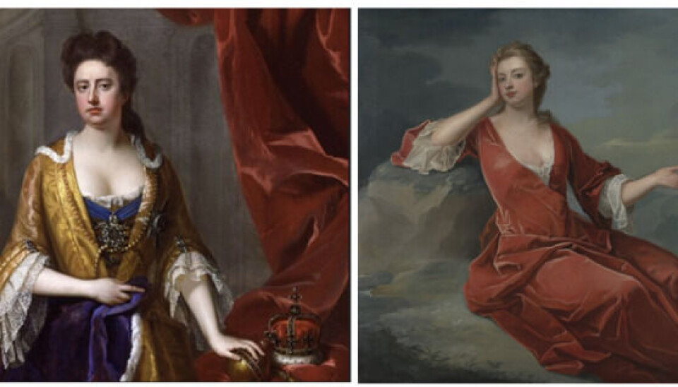 Dronning Anne og lady Sarah. Portrettmalerier av Michael Dahl (1659-1743) og Charles Jervas (1675-1739).