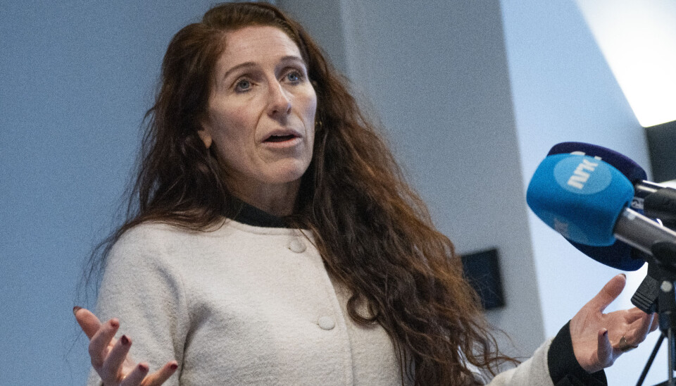 Fotballpresident Lise Klaveness under pressekonferansen på Ullevaal stadion.