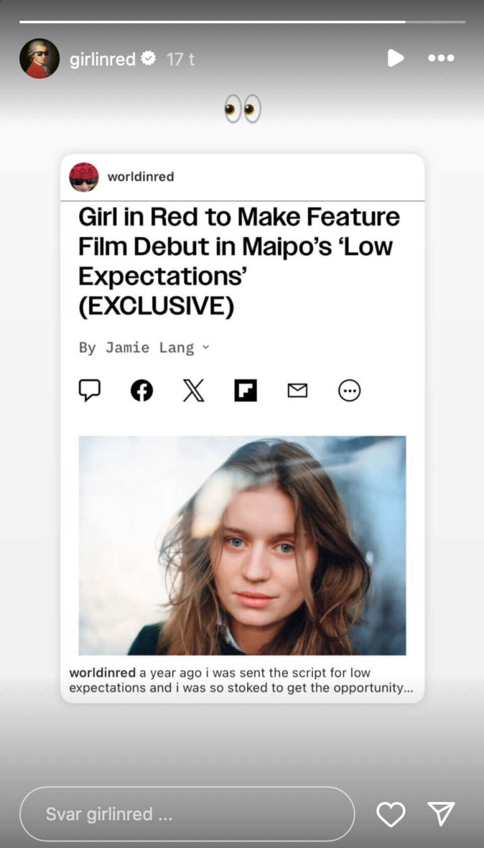 Girl in Red har selv delt nyheten på sin Instagram-konto.
