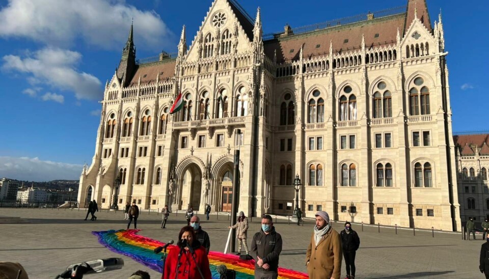Stein Runar Østigaard (daværende i styret i EPOA) var utenfor parlamentsbygget i Budapest med EPOA for å holde pressekonferanse og protestere mot innskrenkningen av skeives rettigheter i Ungarn i 2022. Daværende EPOA-leder Kristina Garina står ved mikrofonen, og Stein Runar står rett bak henne.