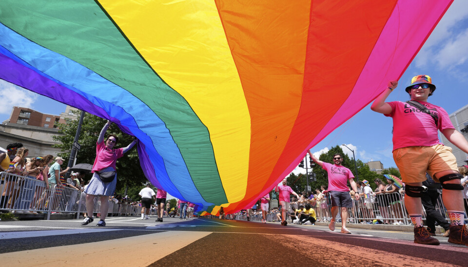 People carry a large pride flag as they march during the World Pride parade, Saturday, June 7, 2025, in Washington. (AP Photo/Alex Brandon)