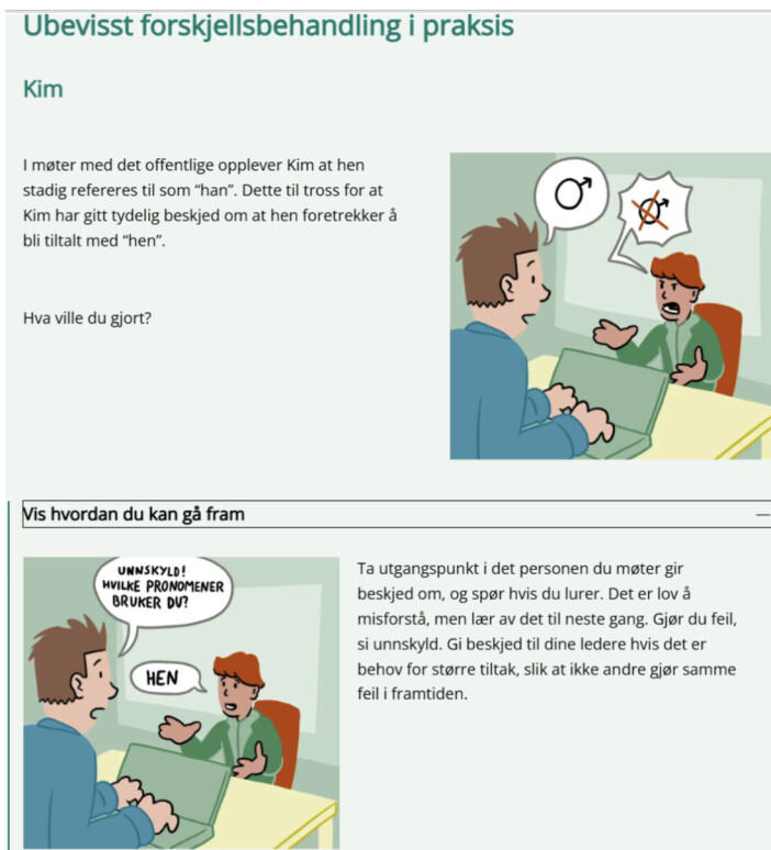 Eksempelet fra kurset viser Kim som ønsker å bli omtalt med pronomenet 'hen' - under temaet 'ubevisst forskjellsbehandling'.